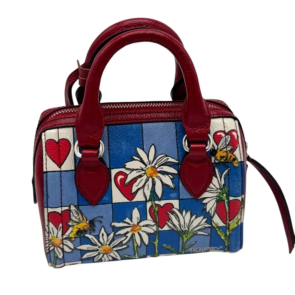 Brighton Bee Happy Mini Satchel Bag Card Organizer Dust Bag Red Blue Daisy Heart